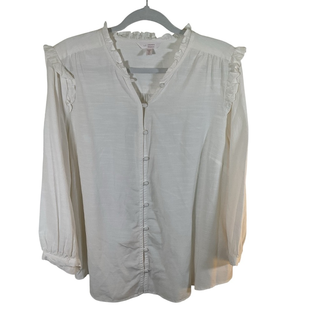 Lauren Conrad NWT 3/4 Sleeve Ivory Button Front Blouse With Ruffle Trim. Size 1X - Picture 1 of 7